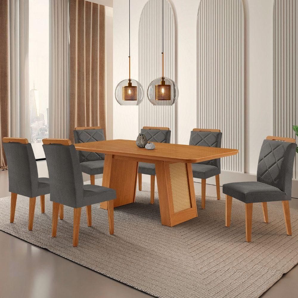 Mesa De Jantar Carolina Com 6 Cadeiras Moderna Mobilia Veludo Grafite/naturalle Laminado