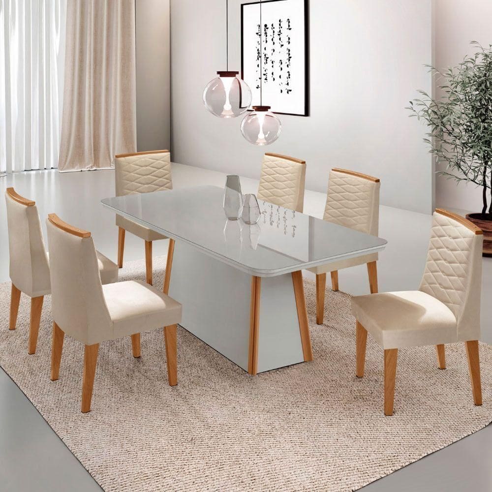 Mesa De Jantar Diane 6 Cadeiras Moderna Veludo Creme