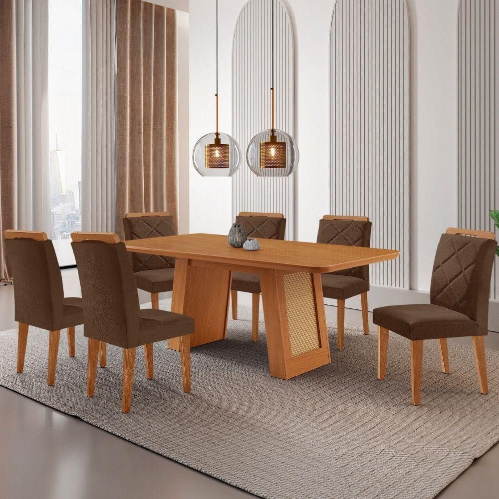 Mesa De Jantar Carolina Com 6 Cadeiras Moderna Mobilia Veludo Marrom/naturalle Laminado