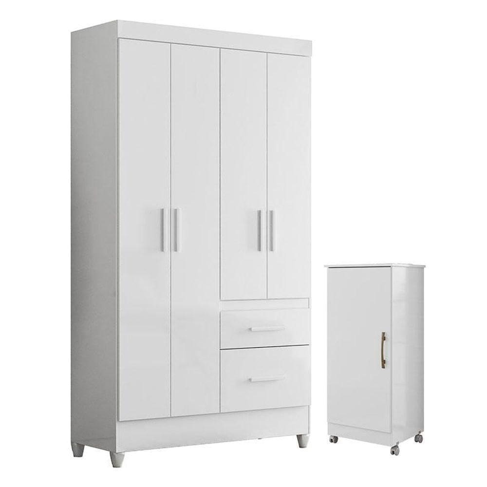 Guarda Roupa Solteiro Madri E Armário Multiuso Lírio Branco Brilho - Moval
