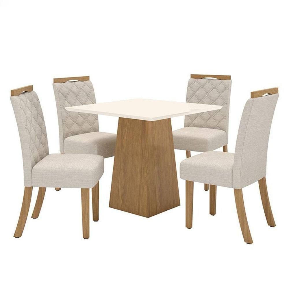 Mesa De Jantar Dora 90cm Canto Reto Sem Vidro Nature Off White Com 4 Cadeiras Bella Linho - Henn