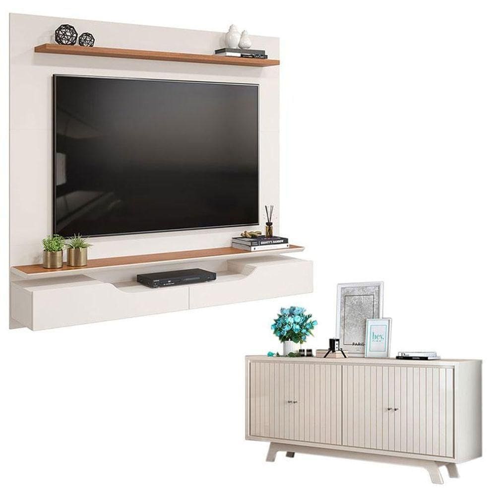 Painel Para Levi Off White Freijó E Aparador Buffet Mercuri Off White - Dj Móveis