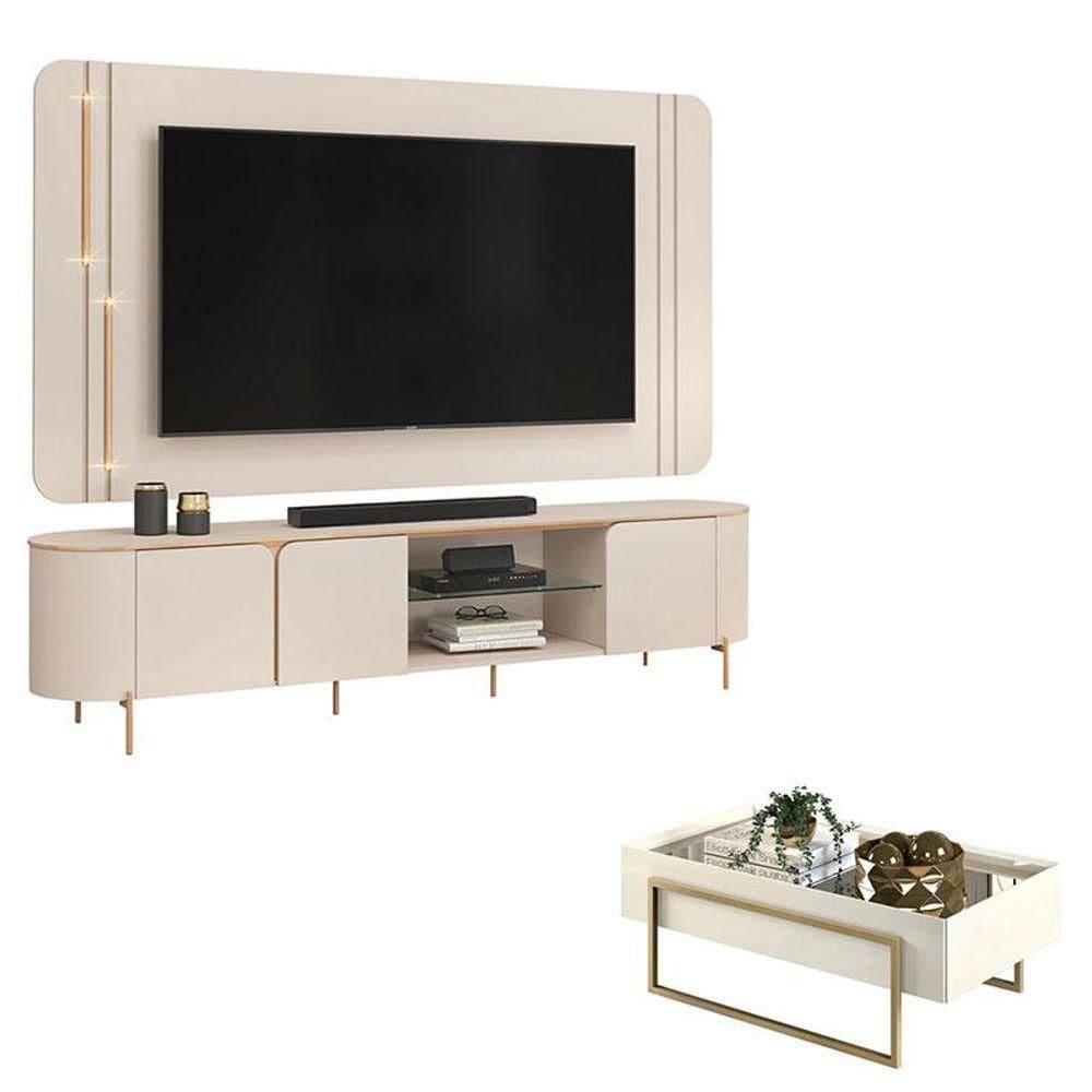 Rack Bancada Com Painel Ariana E Mesa De Centro Pilar Off White - Dj Móveis