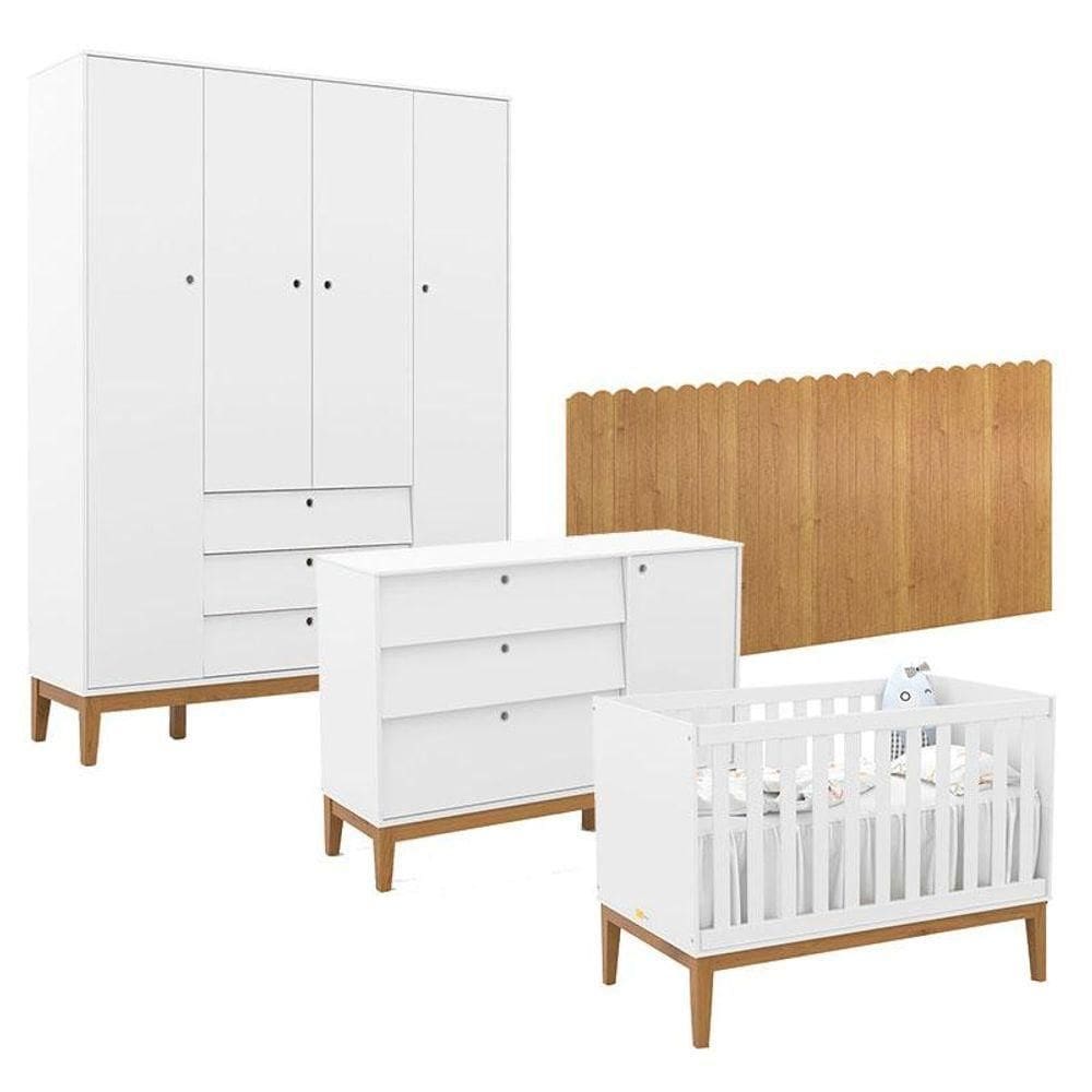 Quarto De Bebê Unique 4 Portas Com Cômoda Sapateira E Painel Farm Branco Soft Eco Wood - Matic