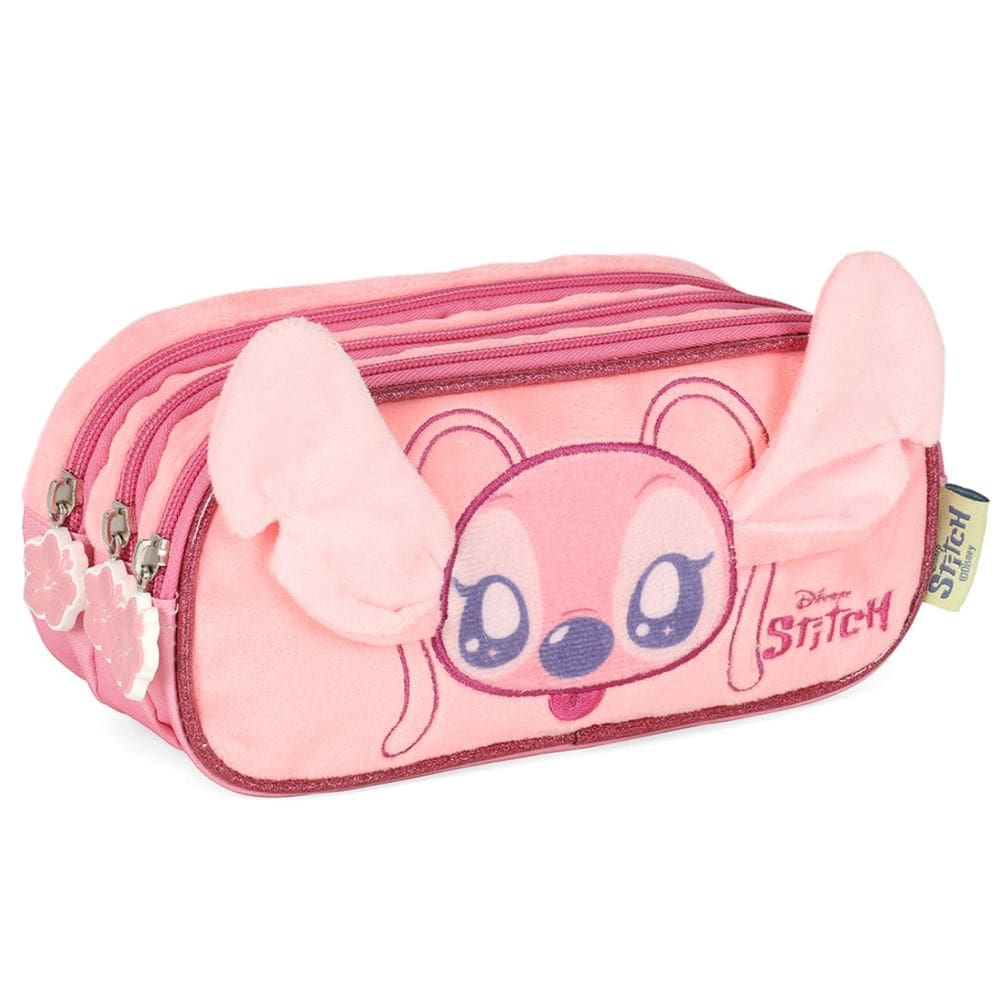 Estojo Escolar Triplo Stitch Disney Pelucia 3D Rosa Luxcel