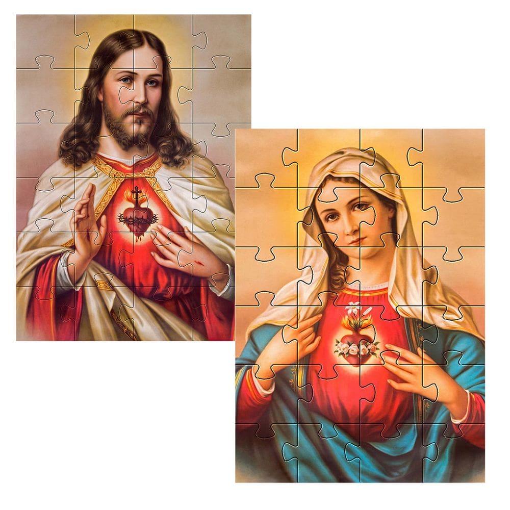 Kit Quebra-cabeça para idosos Sagrado Coração de Jesus e Maria 24 peças grandes