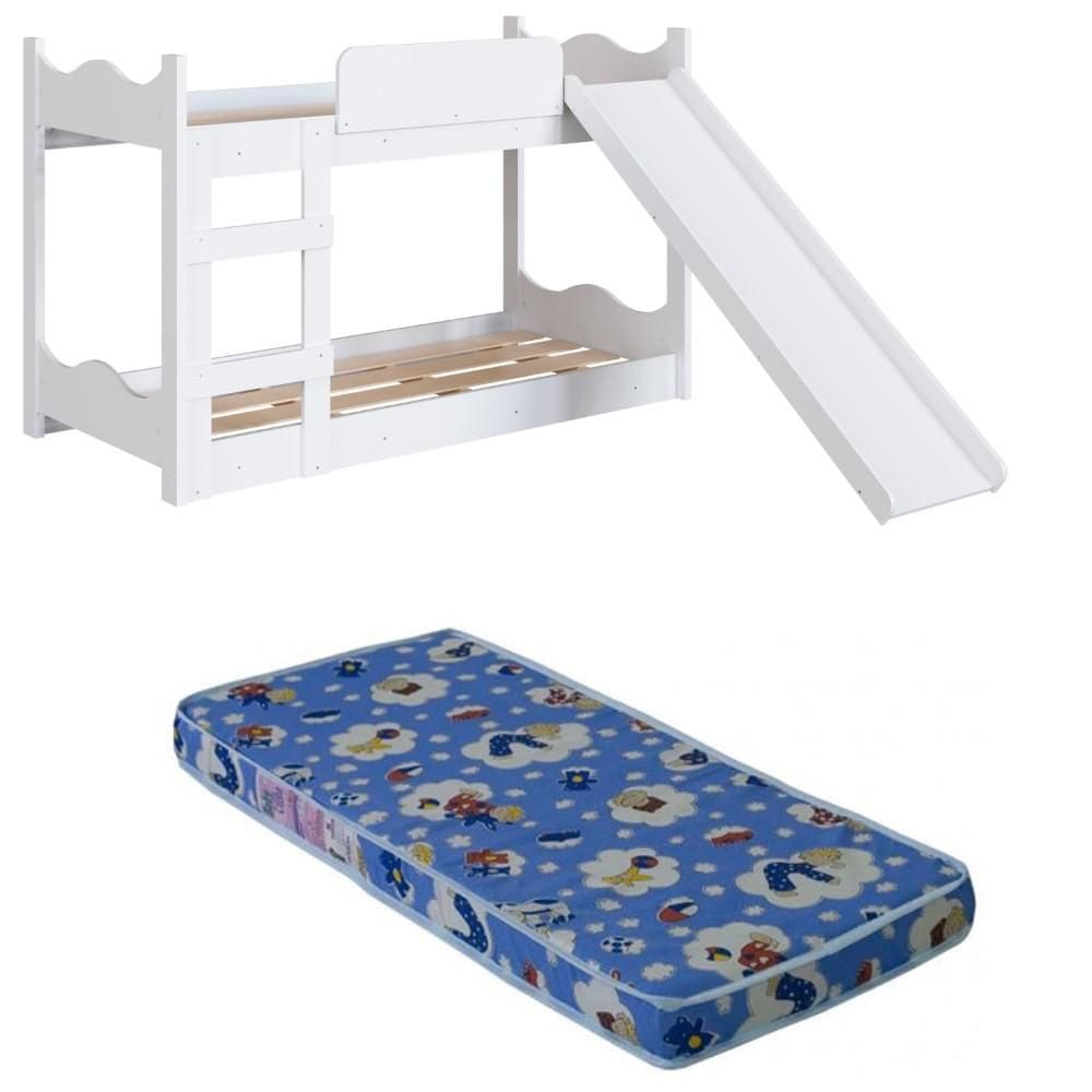 Beliche Infantil com Colchão, Escorregador, Grades Laterais e Escada Cor Branco - Completa Móveis