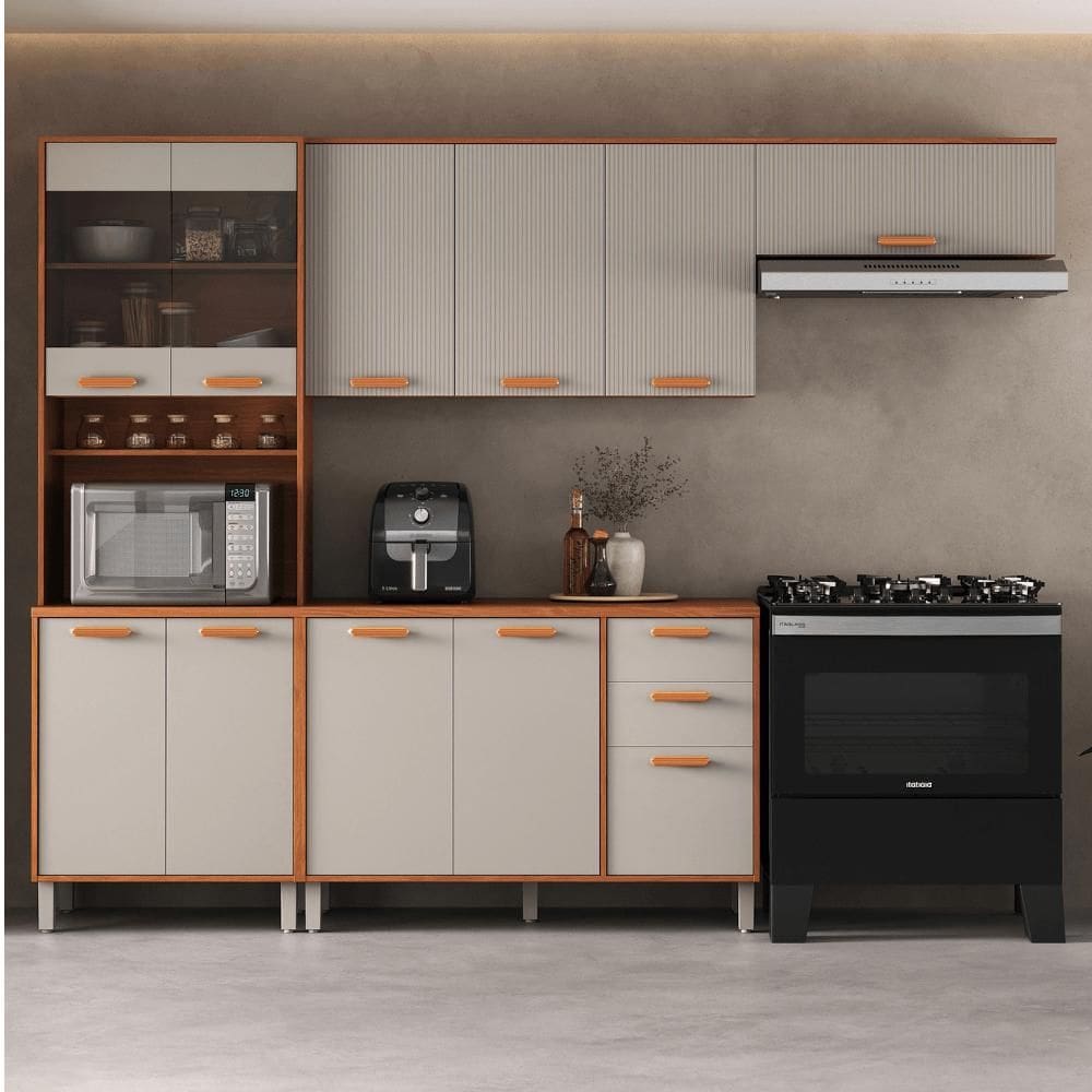 Cozinha Completa Itatiaia 2 Vidros 270cm em Madeira MDP Cinamomo/Fendi Itafriz