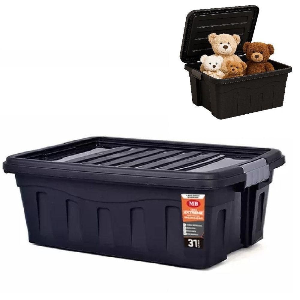 Caixa Organizadora Com Rodízios E Trava 31 L Preta Empilhável Para Mudanças E Armazenamento Multiuso