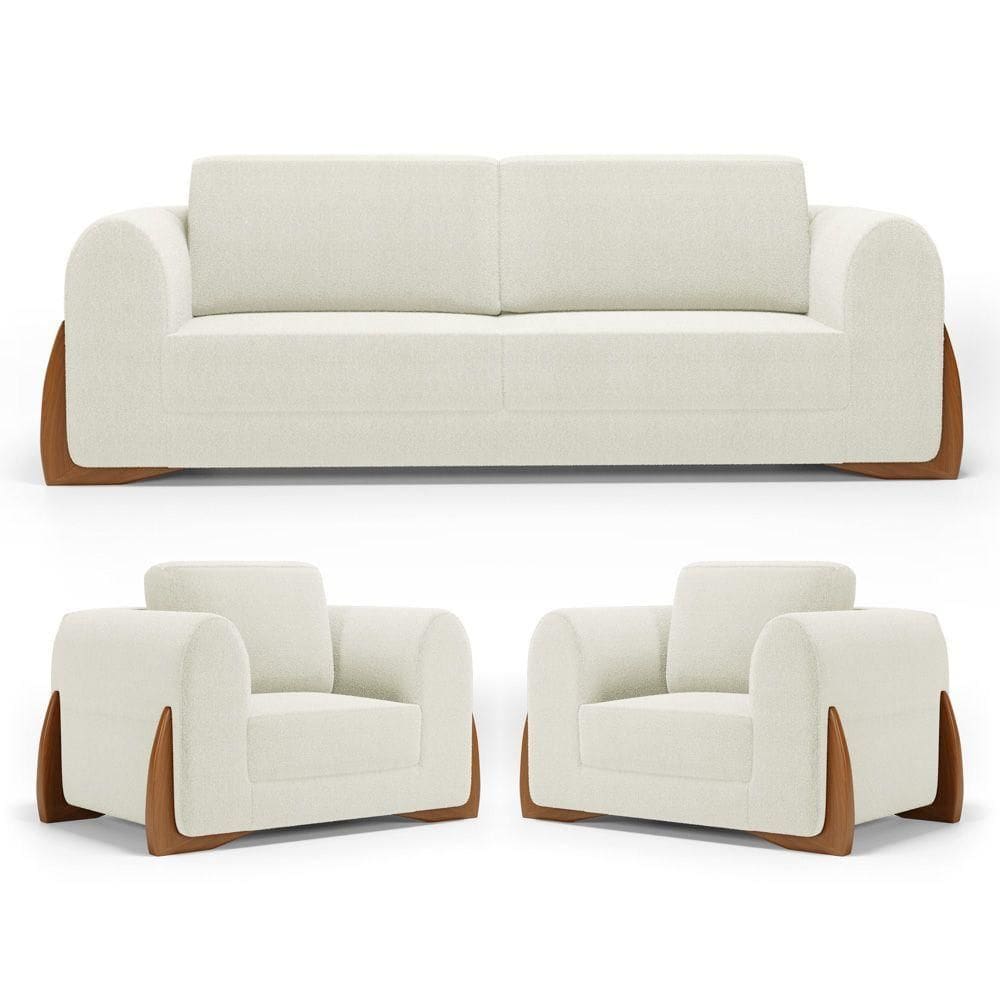 Kit 02 Poltronas E 01 Sofá Bloom 180cm 02 Lugares Com Pés De Madeira Bouclê Off White - Abmaza