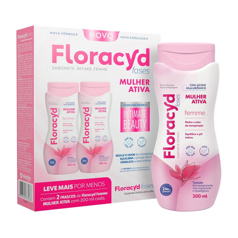 Sabonete Íntimo Floracyd Fases Femme Mulher Ativa Ácido Hialurônico Intimate Beauty 2 Unidades de 200ml cada Leve Mais por Menos
