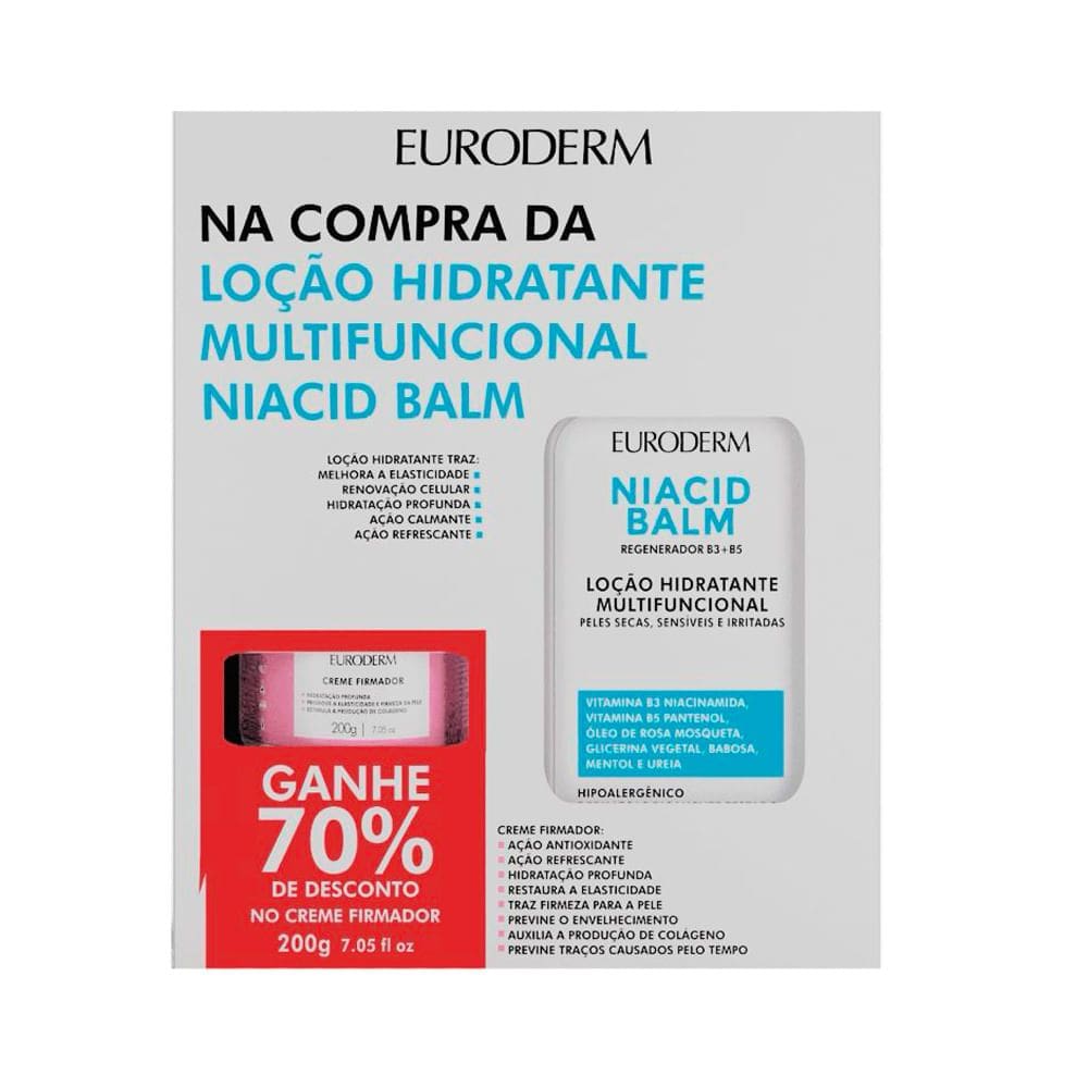 Kit Euroderm Loção Hidratante Multifuncional Niacid Balm 10% Ureia 450ml e Ganhe 70% de Desconto Creme Firmador 200g