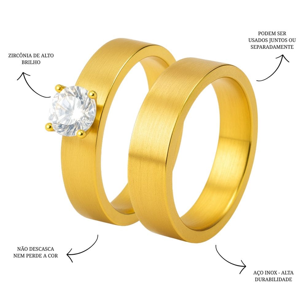 Anel Duplo Solitário e Aparador Dourado em Aço Inoxidável 360L