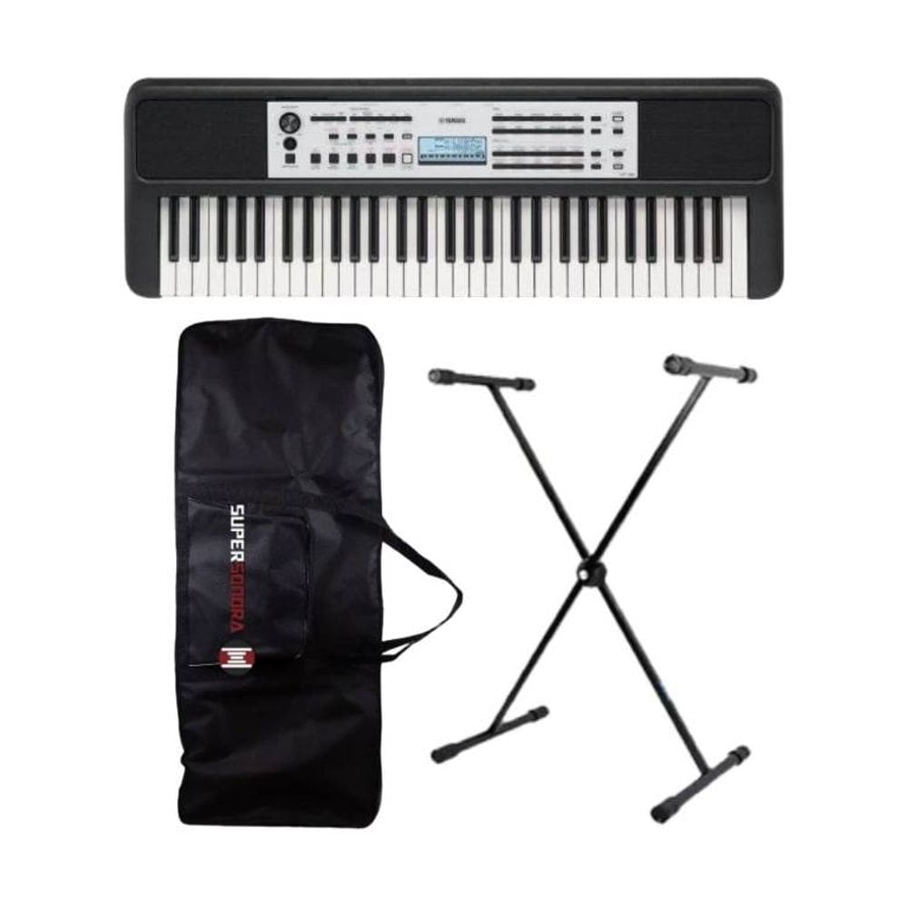 Kit Teclado Yamaha YPT-380 Portátil Preto + Capa + Suporte em X