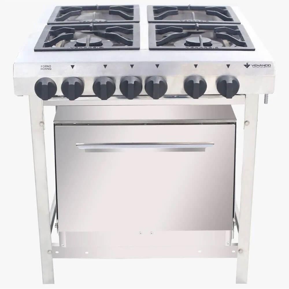 Fogão Industrial 4 Bocas Com Forno e Painel em Aço Inox Venâncio Extra a Gás EI4D2F