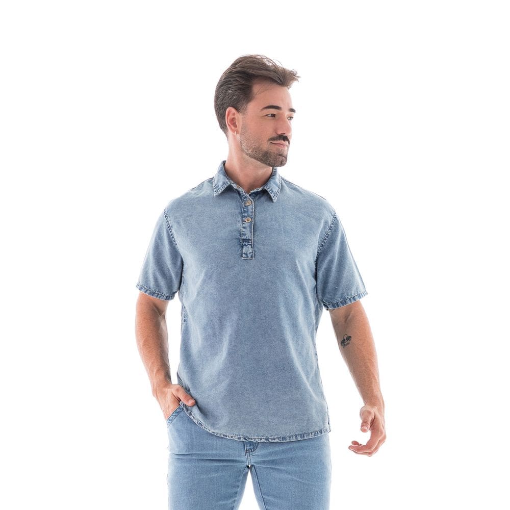 Camisa Jeans Masculina M/c Slim Gola Polo