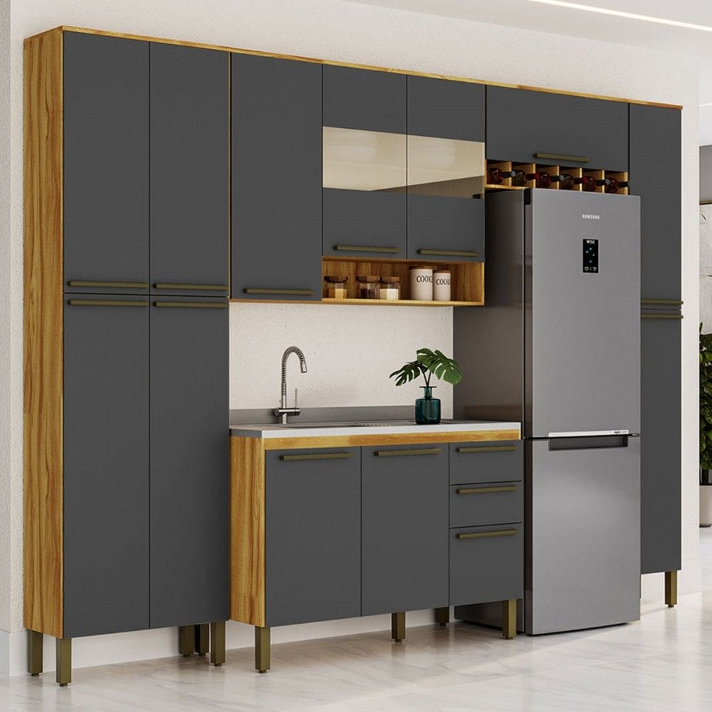 Armário de Cozinha com Balcão para Pia 13 Portas 2 Gavetas Xangai 100% Mdf Vidro Reflecta Amêndoa/Cinza - Pnr Móveis