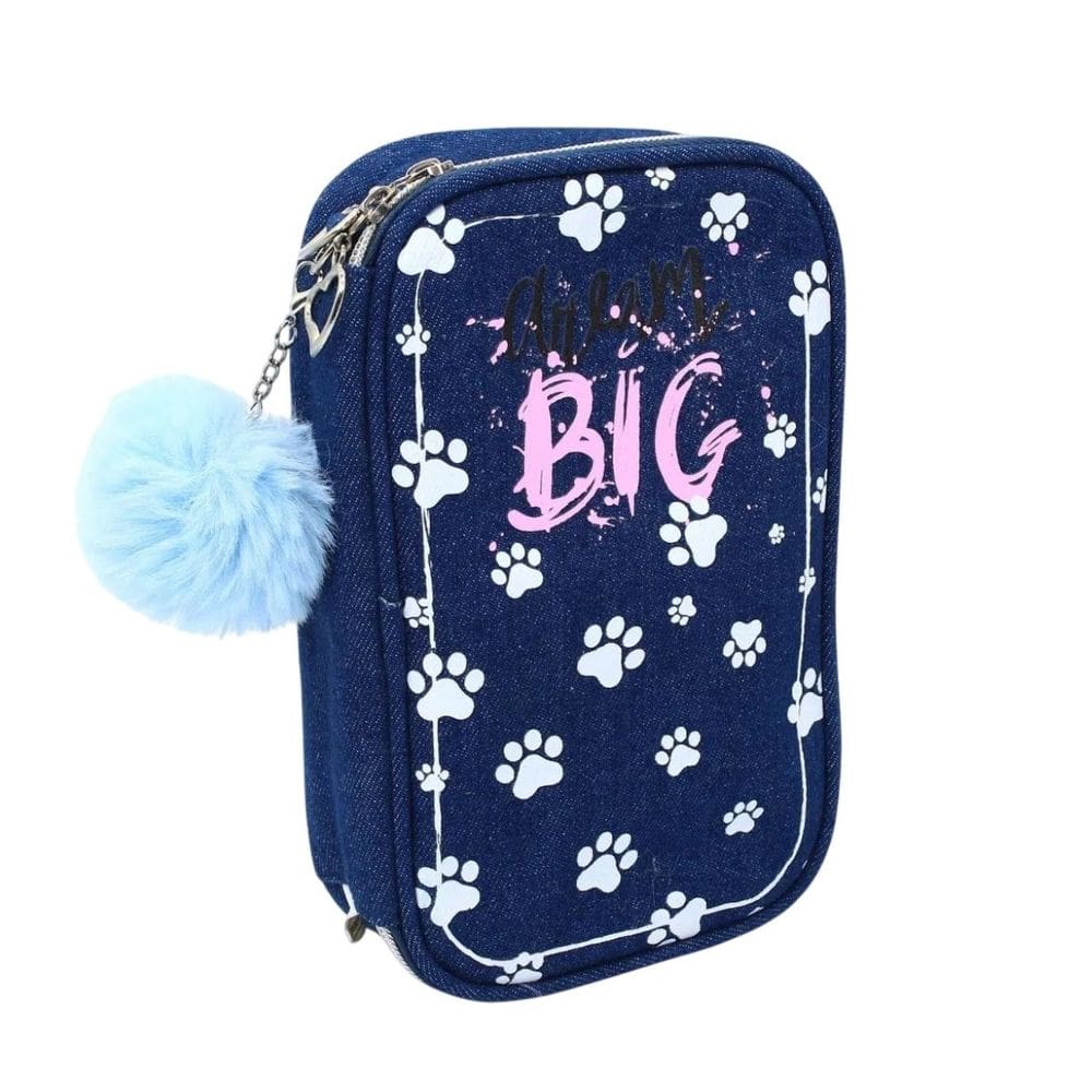 Estojo Material Escolar Grande Jeans Divisórias Pompom Azul Reforçado Tendência Volta as Aulas Fofo