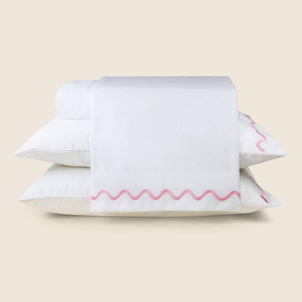 Jogo de Cama Lines Microfibra Branco com  Bordado Rosa - A\\CASA