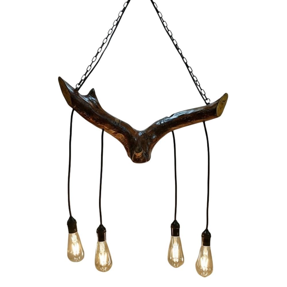 Lustre Rústico Madeira Tronco 58cm Com 4 Pendentes E27