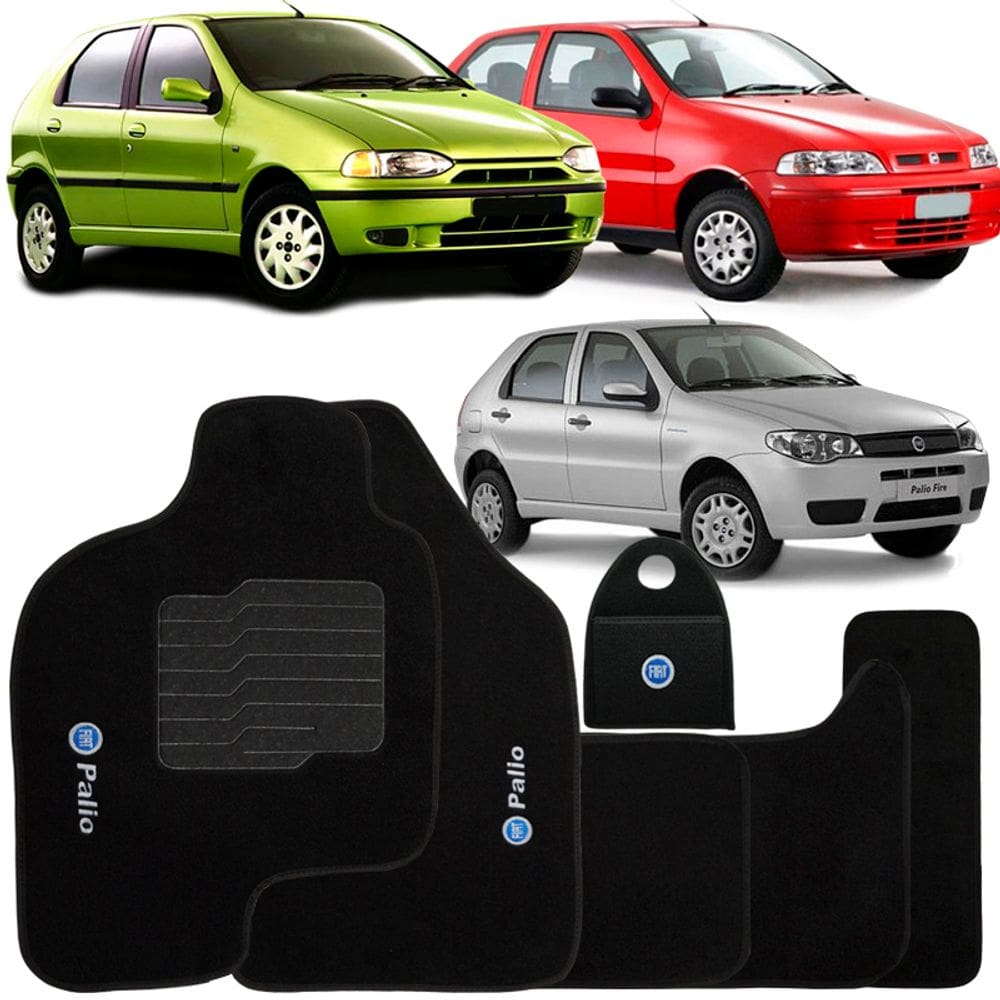 Jogo Tapete Automotivo Carpete + Lixeira Fiat Palio 1996 à 2007 Soft Logo Bordado Preto 6 Peças