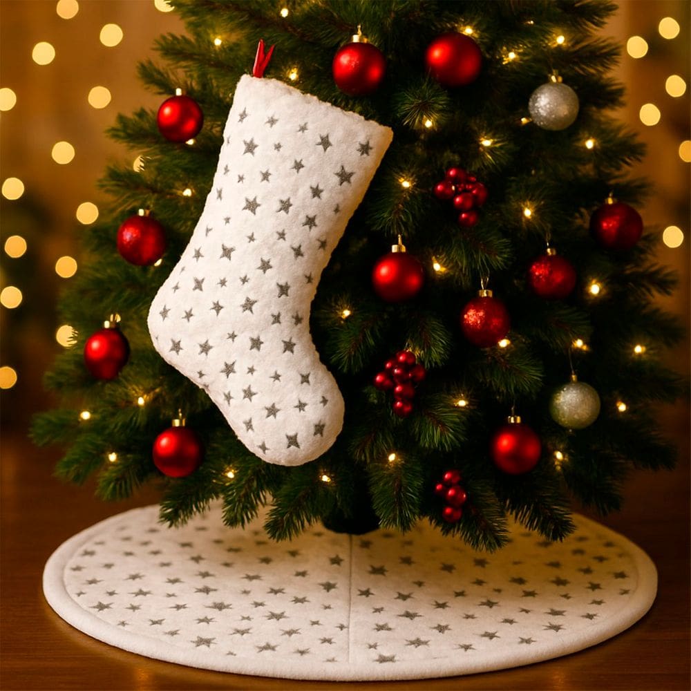 Meia Bota Saia Decoração Estrelinhas Árvore Natal Pelúciado