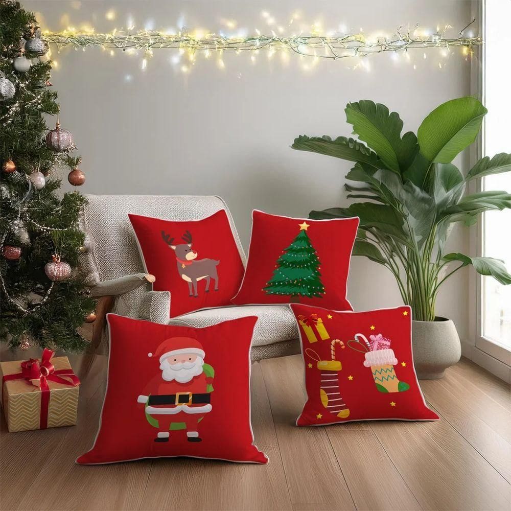 Capa De Almofada De Natal Com Zíper 43cm X 43cm Kit 04 Peças Natal 03