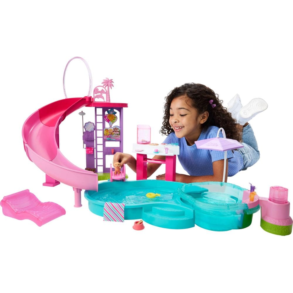 Conjunto de brinquedos Barbie Dream Pool com 6 áreas de lazer e mais de 20 acessórios