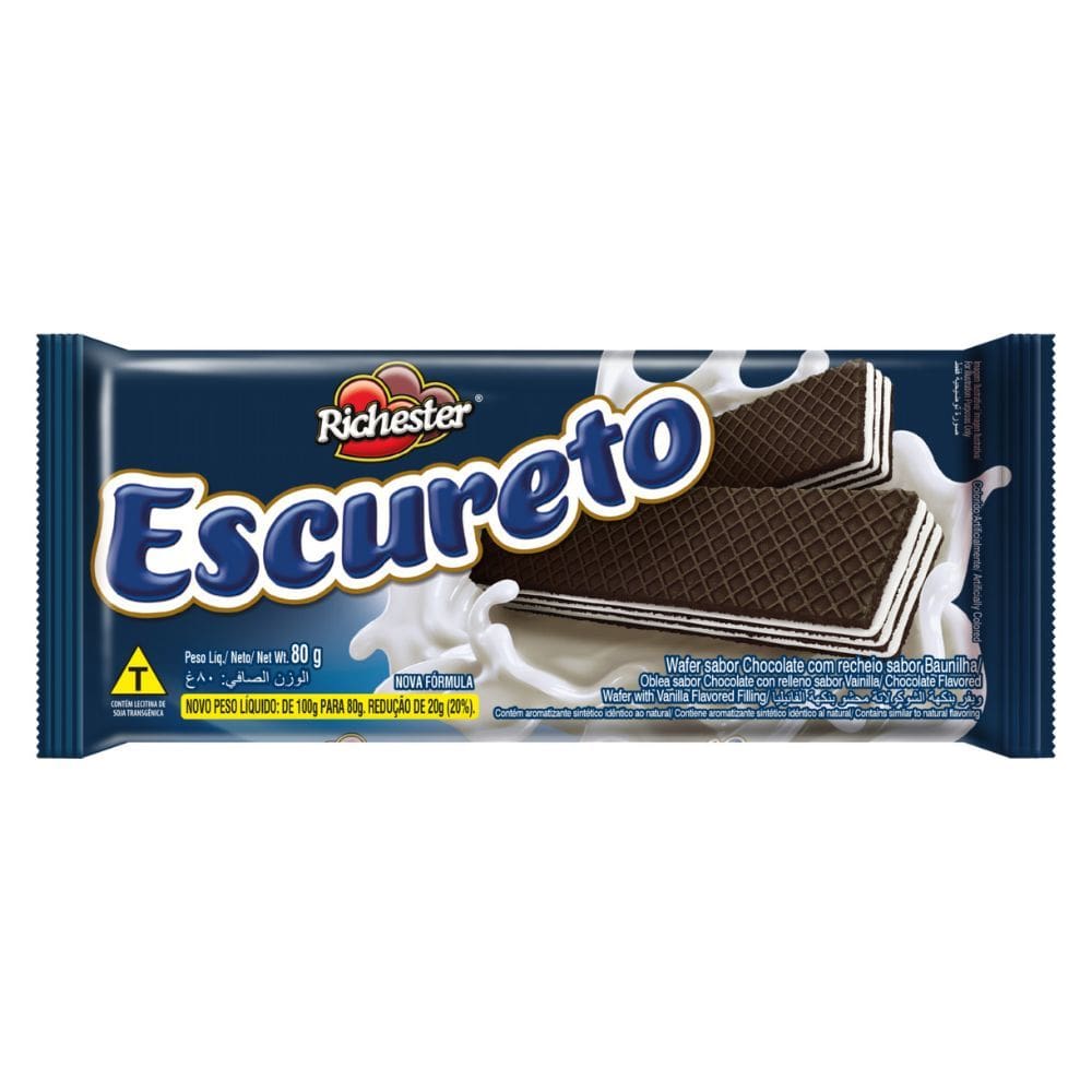 Biscoito Wafer Escureto Richester Sabor Chocolate com Recheio de Baunilha 80g