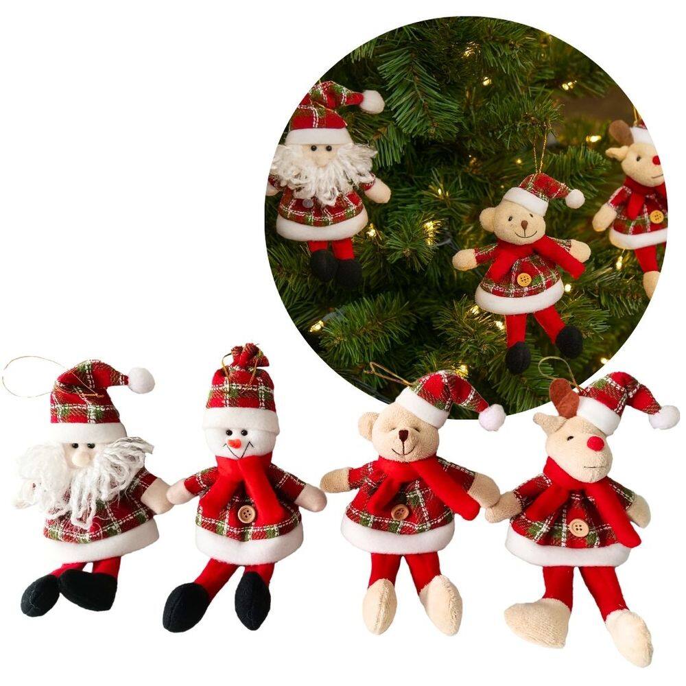 Kit 4 Pelúcias Natal Pendente 22cm Papai Noel, Boneco de Neve, Urso e Rena Vermelho Xadrez 22cm