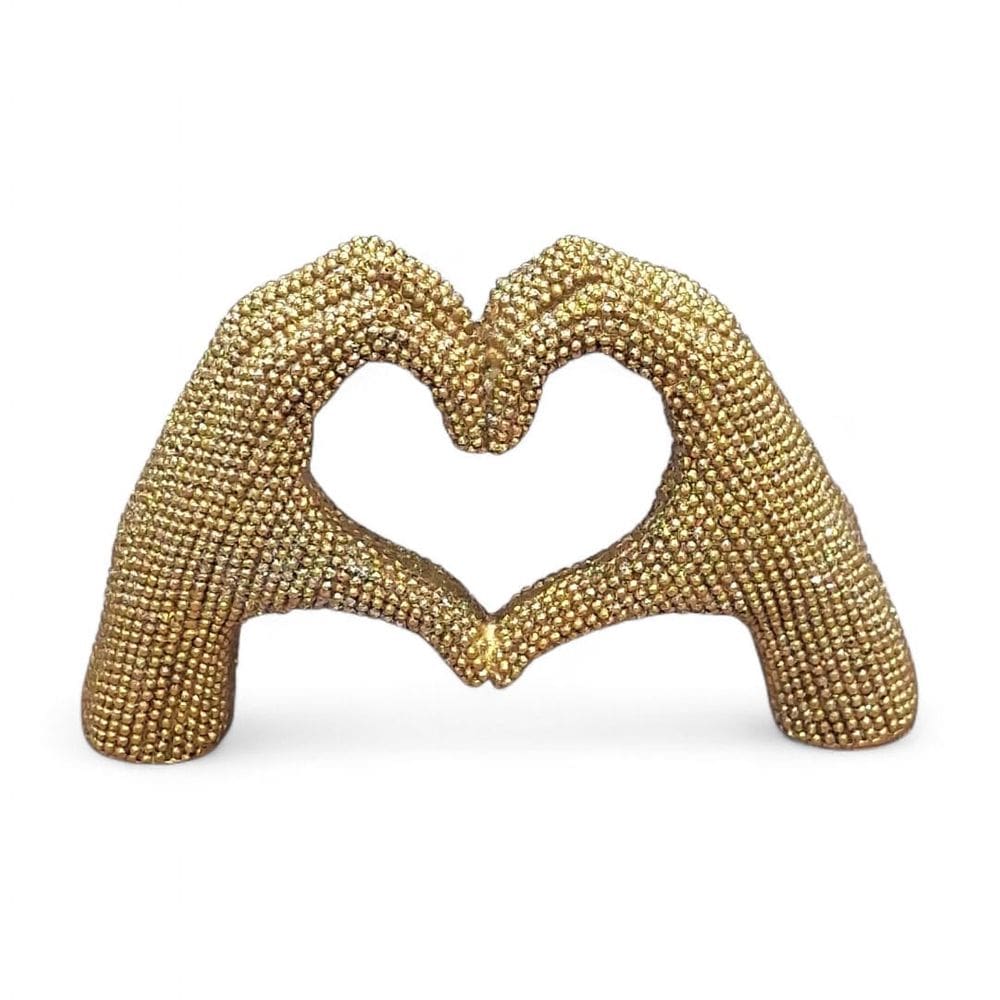 Enfeite de Resina Mão de Coração Dourada com Brilho 11 cm