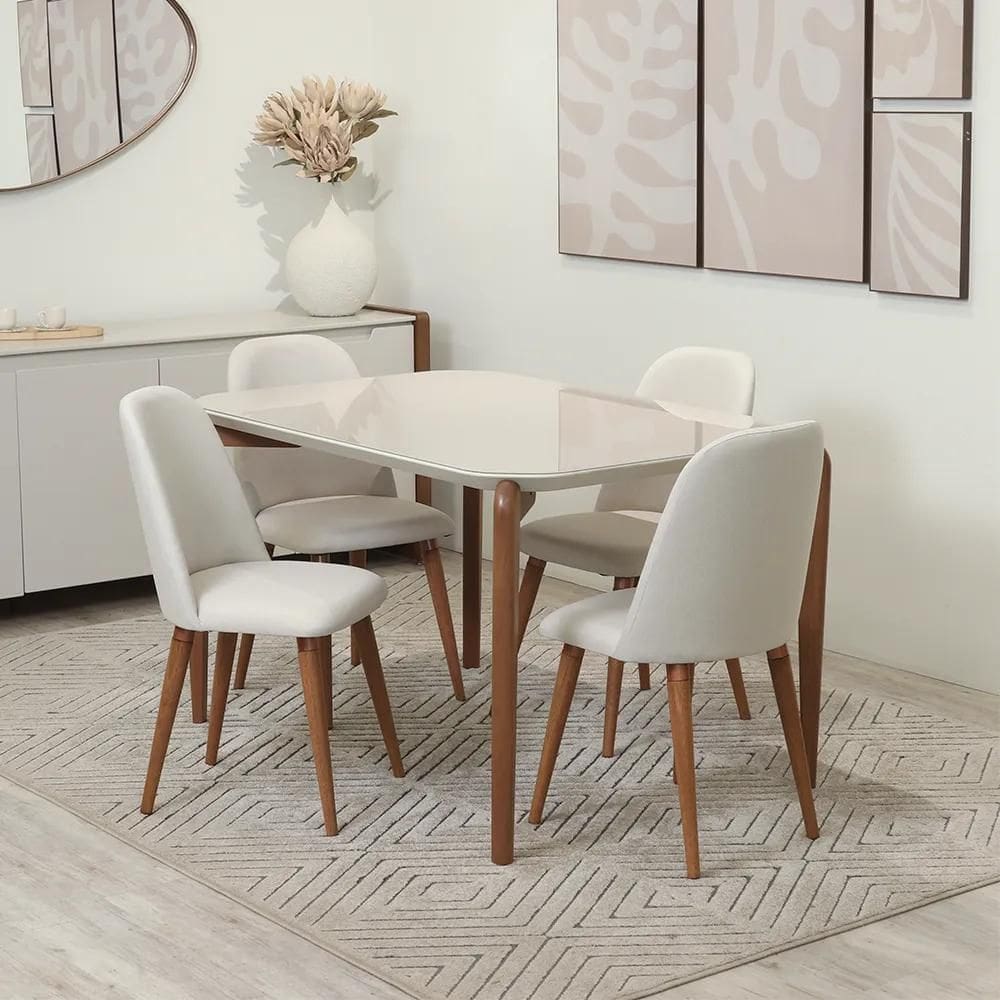 Conjunto de Jantar Mesa Retangular com Vidro Donatella com 4 Cadeiras New Drop - Natural c/ Off White