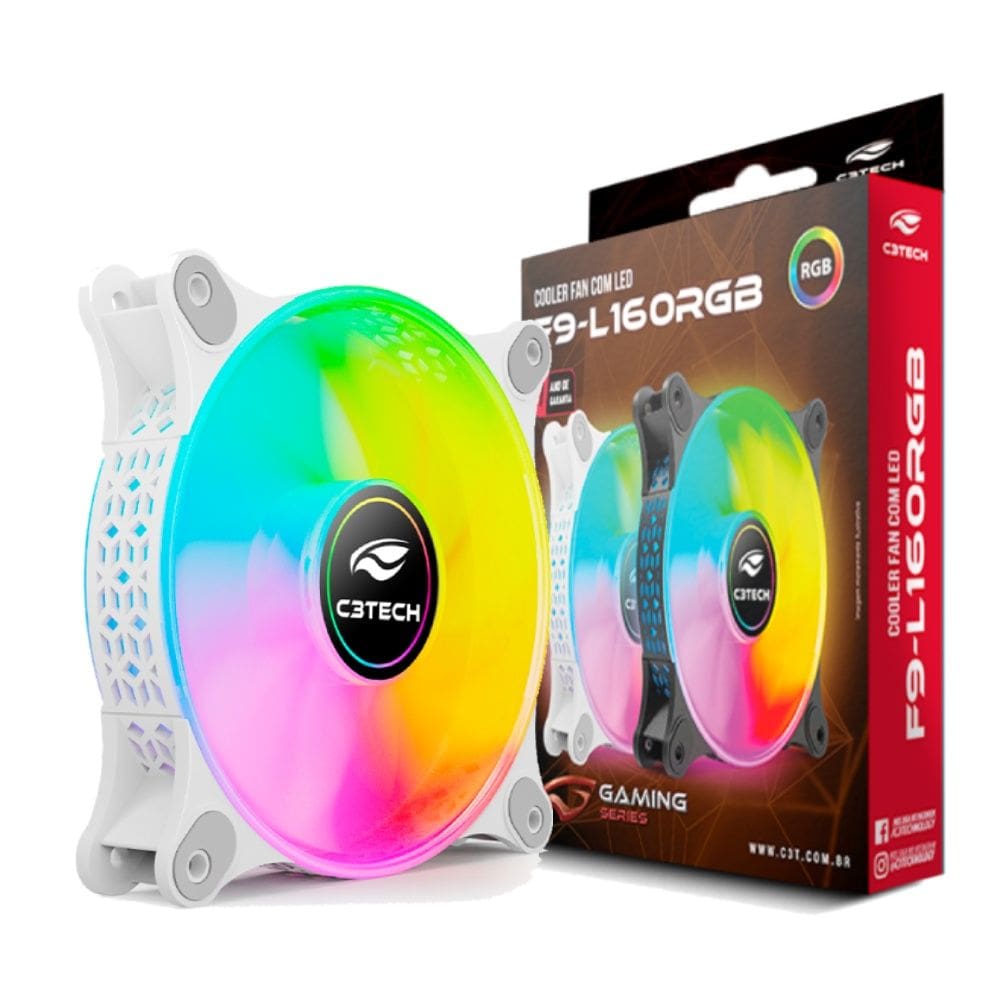 Cooler Fan F9-L160WH C3Tech RGB 120?mm 9 lâminas, Rolamento Hidráulico, Molex 4-pinos, 1?200?RPM, 30?dBA - Branco