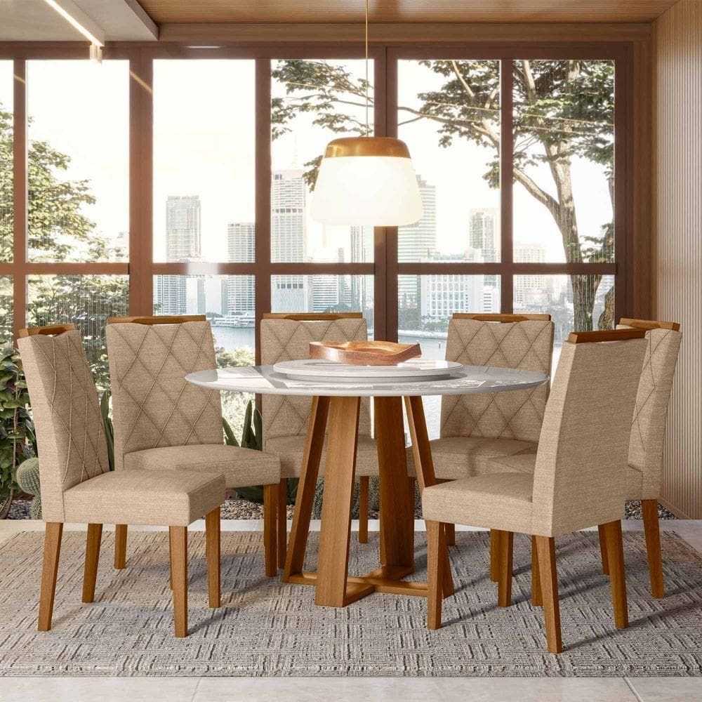 Conjunto Sala De Jantar Mesa Vitoria 1,35 Com Tampo Giratório E 6 Cadeiras Sarah Ypê/off White/ln05- New Ceval