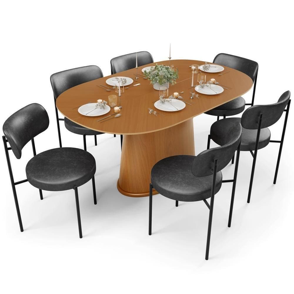 Mesa Para Sala De Jantar Valência Com 06 Cadeiras Sala De Jantar Louise L02 Couríssimo Preto - Lyam Decor