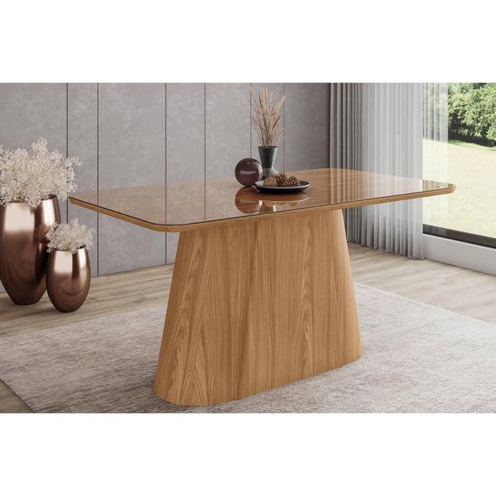 Mesa P- Cozinha Olivia Sc117 C- Tampo Madeirado C- Vidro Curvo 160x90cm Nature - Henn