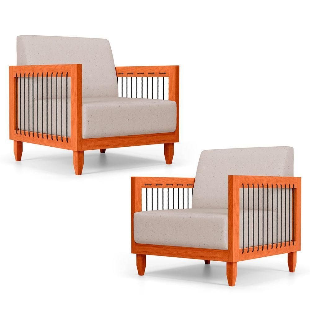 Kit 02 Poltronas Varanda Samoa Madeira Maciça Com Cordas Náutica Linho Rústico Areia - Abmaza