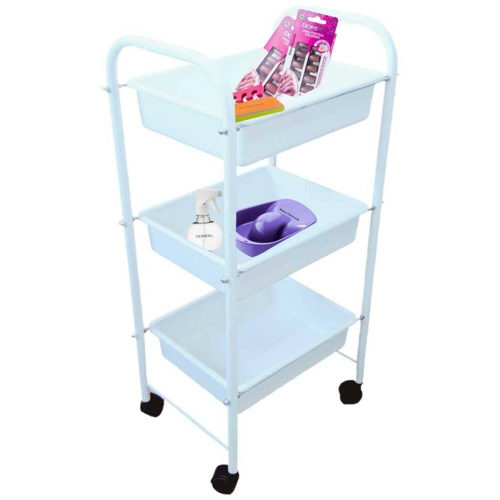 Carrinho Auxiliar Estética  1 Tampo MDF + 2 Bandejas