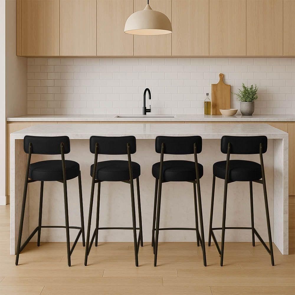 Banqueta Cozinha Alta Com Encosto Industrial Preto Kit 4 Londres Pu D03 - D`rossi Preto