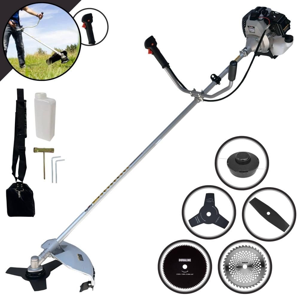 Roçadeira À Gasolina 2T Toyama TBC43-H 43cc 1,7HP 12.000rpm Completa 5 Em 1 Com Carretel de Nylon + Facas 2 Pontas, 3 Pontas, 40 Dentes e 80 Dentes