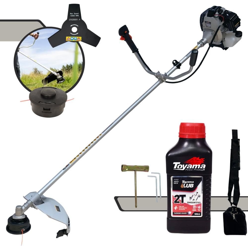 Roçadeira Multifuncional Toyama TBC43-H À Gasolina 43cc 1,7HP 12.000rpm 2 Opções de Corte Com Lâmina 3 Pontas + Carretel de Nylon + ÓLEO TOYAMA 2T