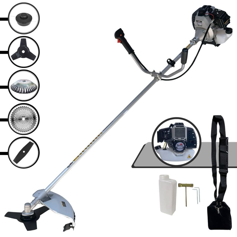 Roçadeira Robusta Toyama TBC43-H À Gasolina 2T 43cc 12.000rpm 1,7HP Com Kit 3 Lâminas de Corte, Carretel de Nylon e Escova de Aço Circular 38 Cerdas