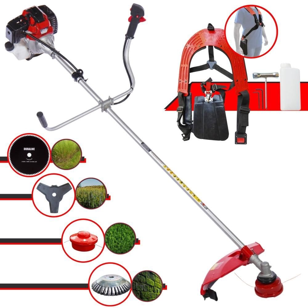 Roçadeira Profissional Toyama RT52L À Gasolina 52cc 10.000rpm 2HP 4 Opções de Corte Com Faca 3 Pontas, Faca 80 Dentes, Escova de Aço e Carretel Nylon