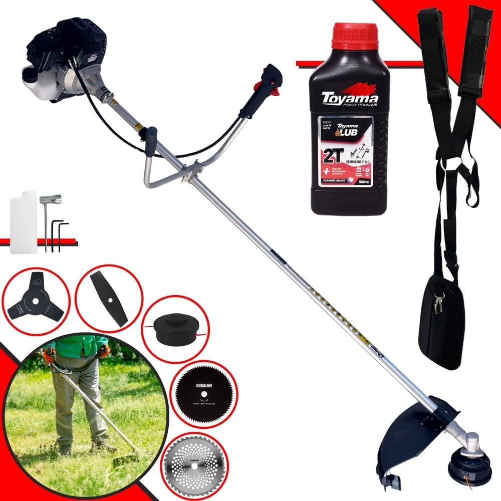 Roçadeira Toyama RT43LB25A 43cc 1,7HP Com Carretel de Nylon + Lâmina Facão + Lâmina 3 Pontas + Lâmina 40 Dentes Vídea + Lâmina 80 Dentes + ÓLEO TOYAMA