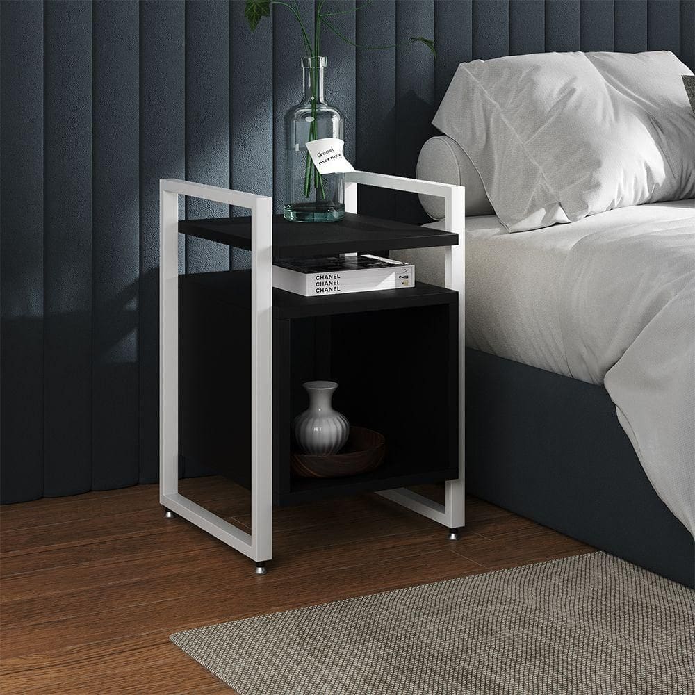 Mesa De Cabeceira Industrial Marrocos Ferro Branco E Tampo Preto