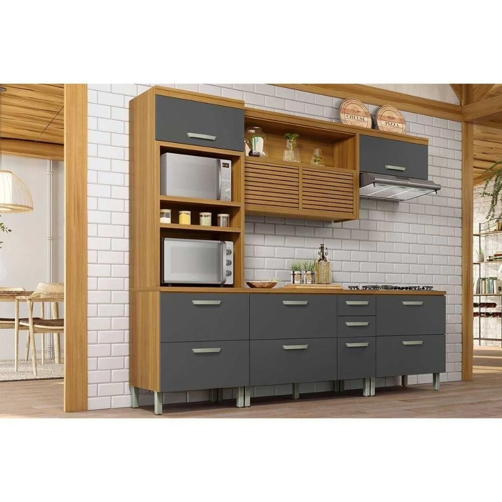 Cozinha Modulada Nesher Princesa 4 Peças (1aéreo+2balcões+1paneleiro) C6p64 Freijo-grafite-nesher