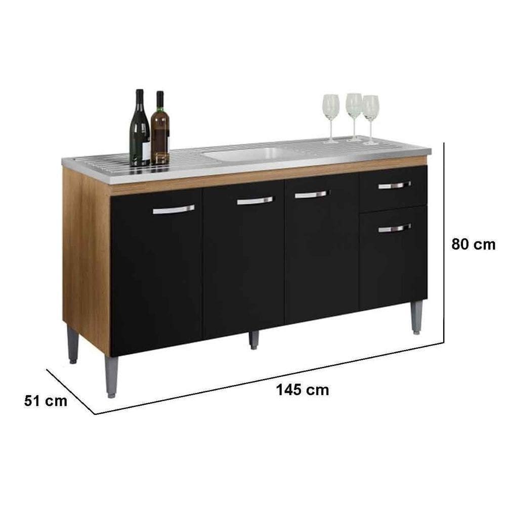 Balcão de Pia Para Cozinha 150 Cm Graziela 4 Portas 1 Gaveta Amêndoa Preto