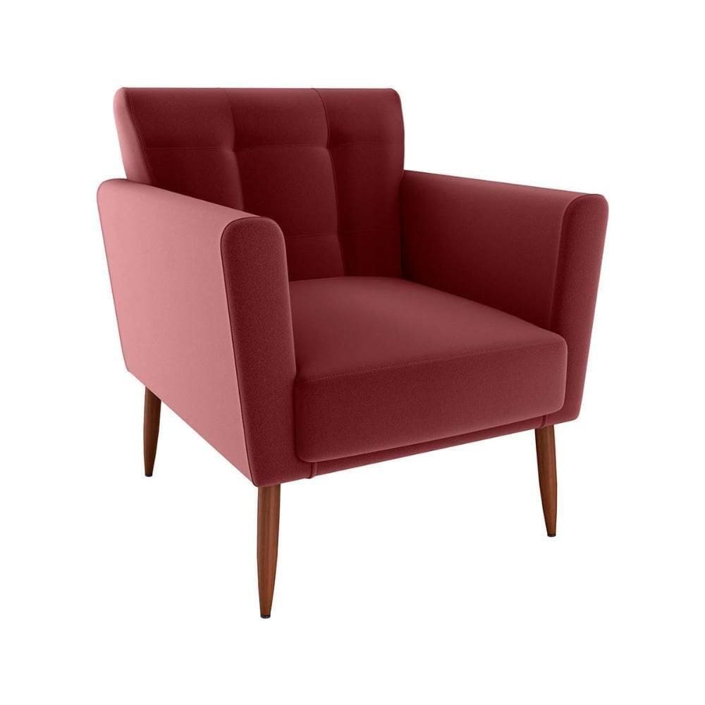 Poltrona Decorativa Confortável Pés Em Madeira Maciça Cancun Veludo Vermelho Matrix Veludo Vermelho