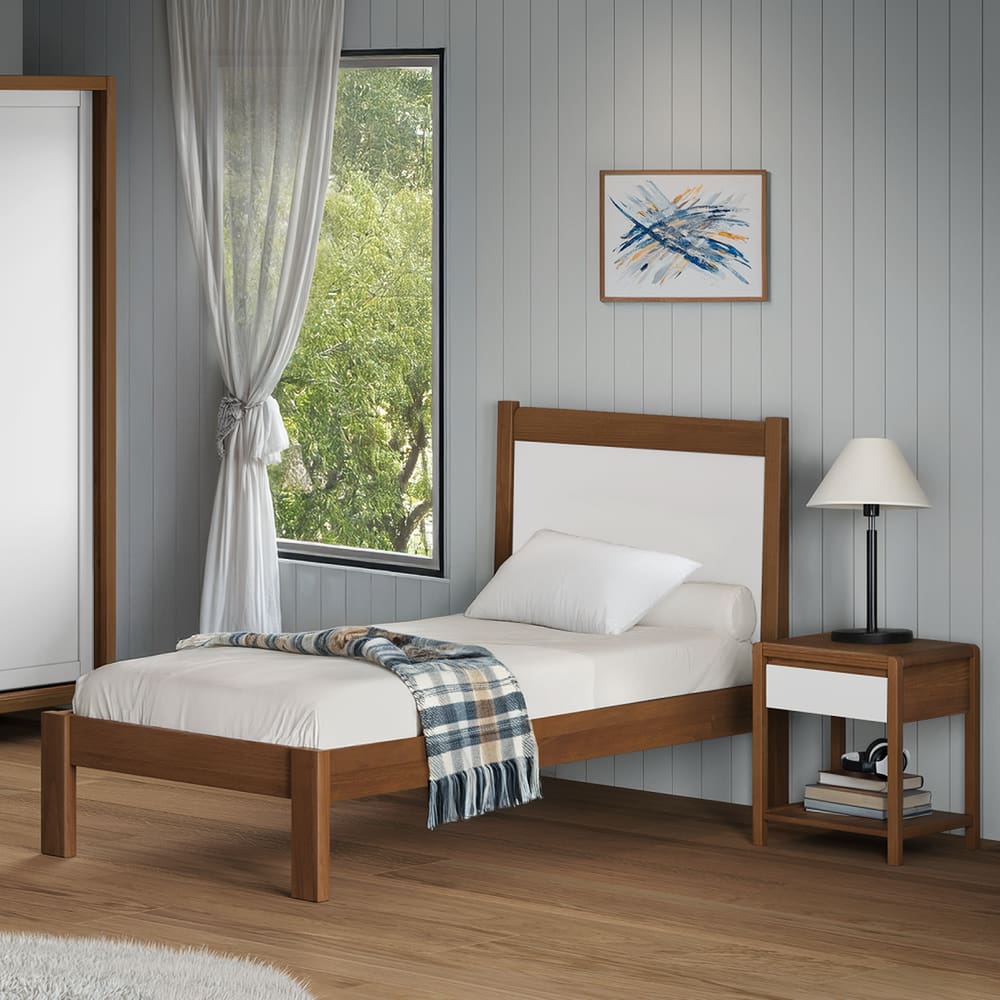Cama de Solteiro em Madeira Maciça Modena Amêndoa/Branco