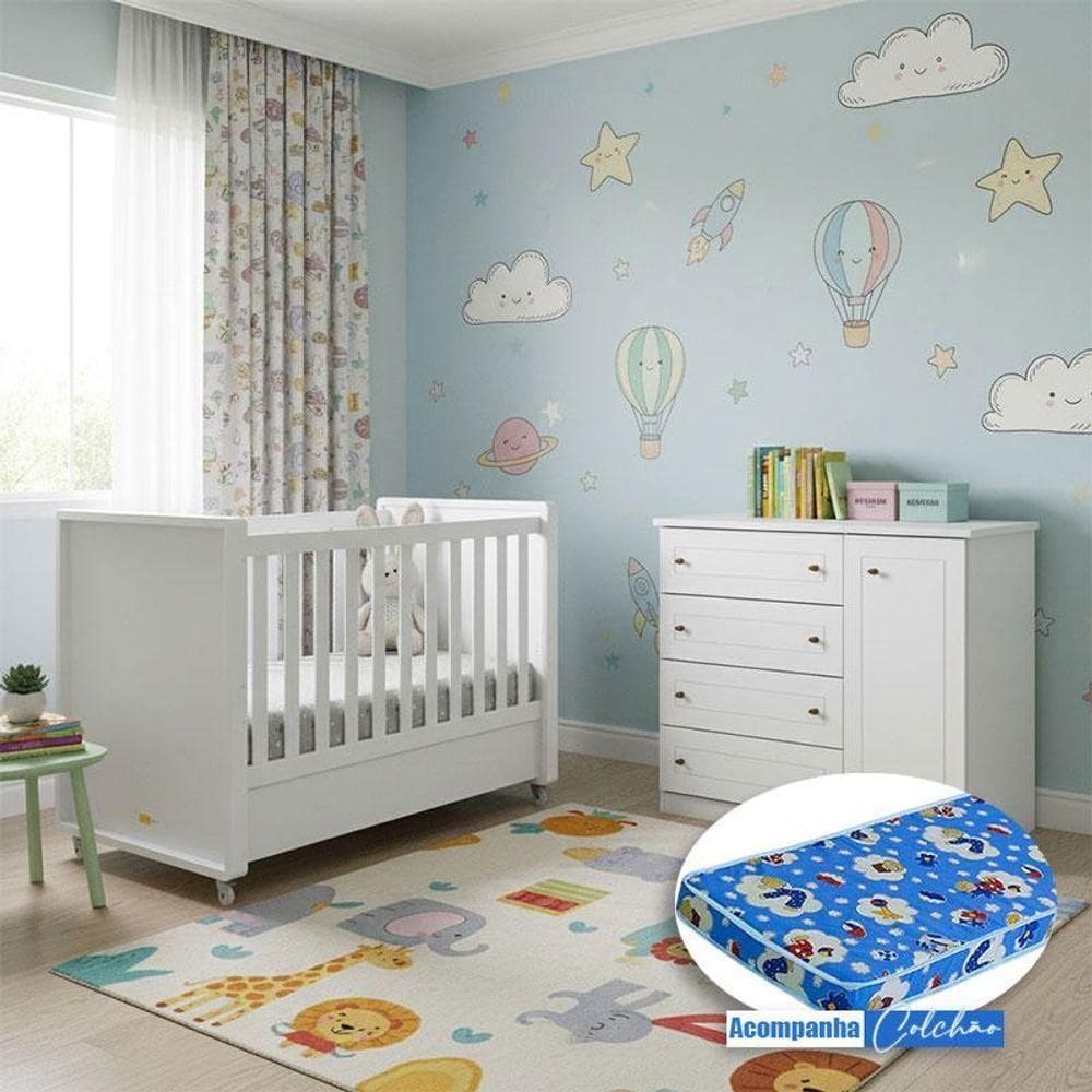 Berço Tutto New E Cômoda Infantil Americano Ambiente Branco Fosco Com Colchão Ortobom - Matic